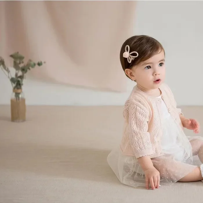 Infant Baby Girl Sweet Cardigan Solid Round Neck Long Sleeve Knitted Coat Spring Summer Button-Down Sunscreen Outerwear 0-3T