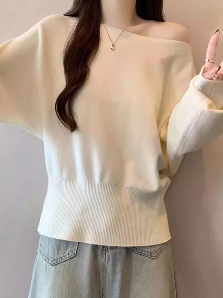 

Ladies Long Sve Knitted Sweater oulder Bared Slimming Base Layer Waist Cinched Top Korean Sle Comfortable Soft Material
