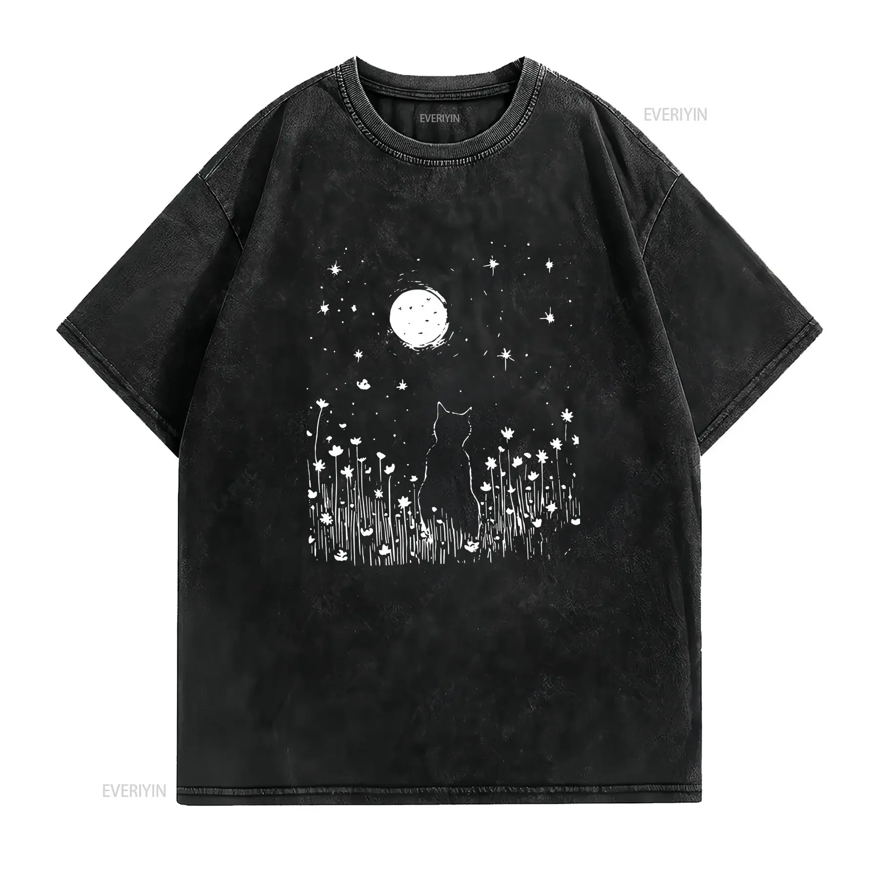 100 Cotton Women's Starry Sky and Cat Print Round Neck T shirt vintage Washed Stylish homme Stretched Comfortable Versatile