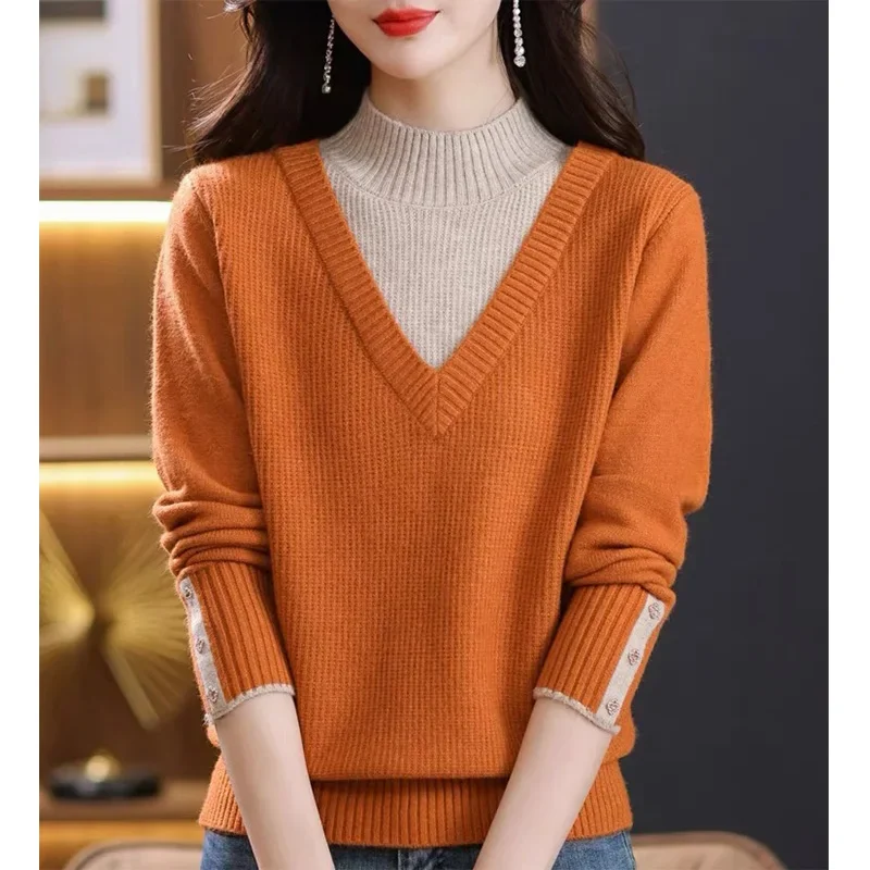 Women Loose Casual Turtleneck Sweaters Knitted Spliced Fashion Solid Winter Thick Sweatrer Female Top Elasticity Soft Knitwear