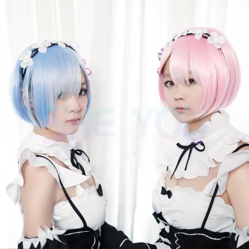 High Quality Ombre Color Wigs Re zero Ram Rem Cosplay Wig Re:Life In A Different World From Zero Cosplay Costumes Wigs