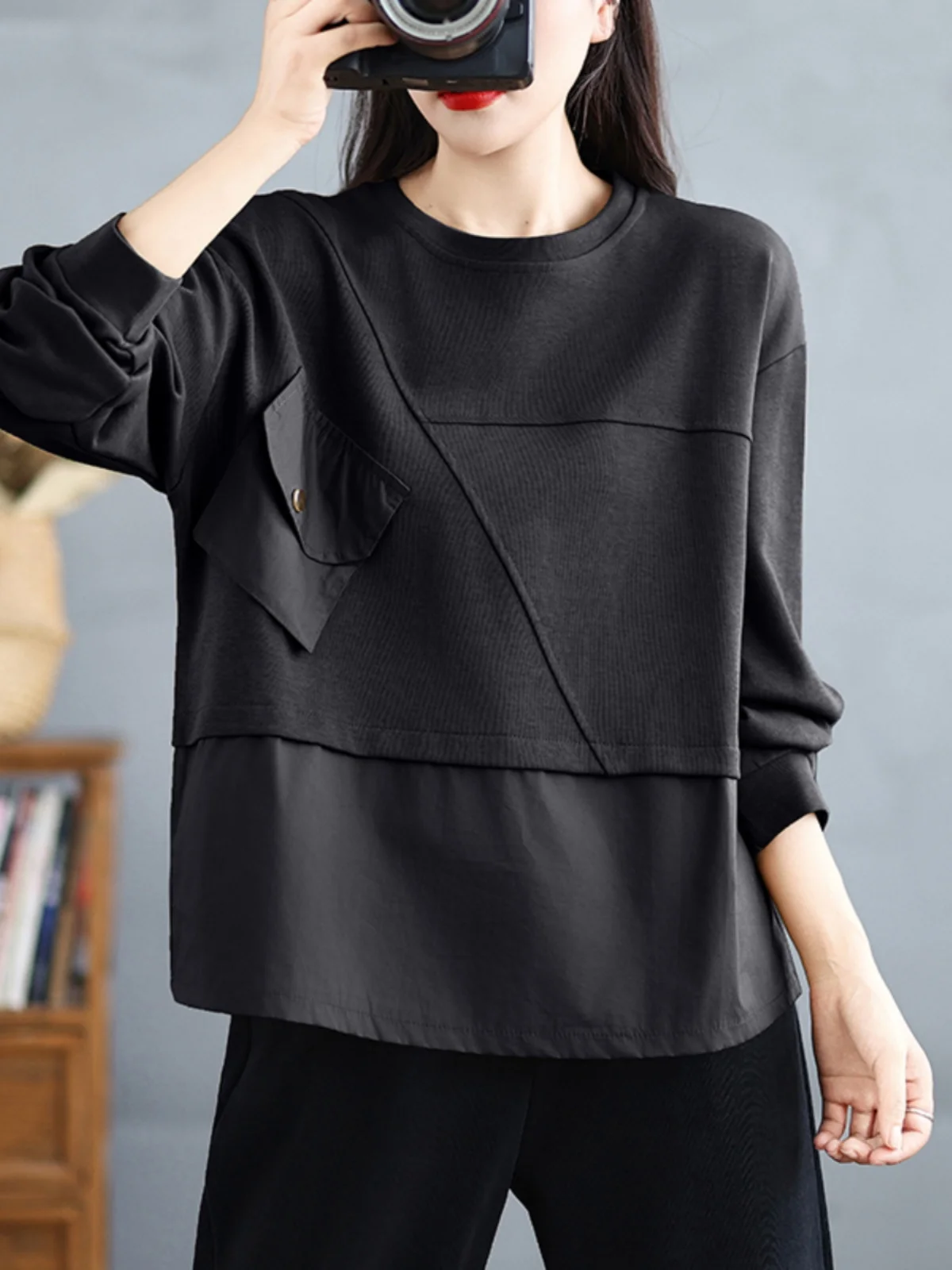 Taglie forti Casual Allentato Lungo Sve round Ne Felpa da donna T-shirt alla moda con grandi ket per la primavera autunno