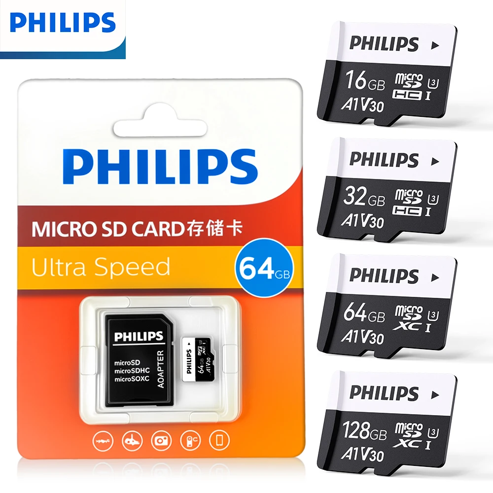 

Оригинальная карта памяти PHILIPS Micro sd 64G 128G 256G с адаптером — прочитайте скорость до 100 МБ/с U3 V30 TF-карта для камер, дронов
