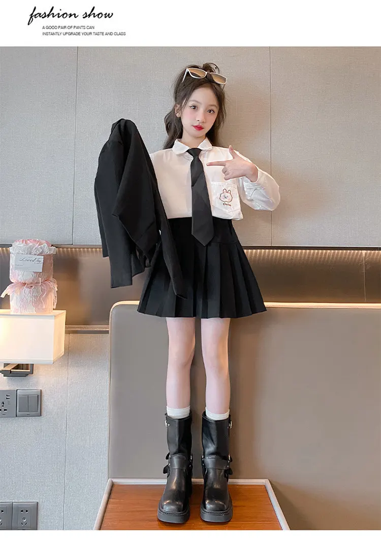 Schuluniform-Set für junge Mädchen im JK-Stil, einzigartige formelle Jacke mit Kette und plissiertem Rock, 2-teiliger Blazer-Anzug für Schulkinder. – Detail 8