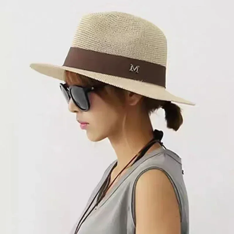 UV New Ladies Men Fashion Letter M Straw Hat Sun Hat Panama Spring Casual Summer Beach Classic Straw Jazz Basin Hat Wholesale