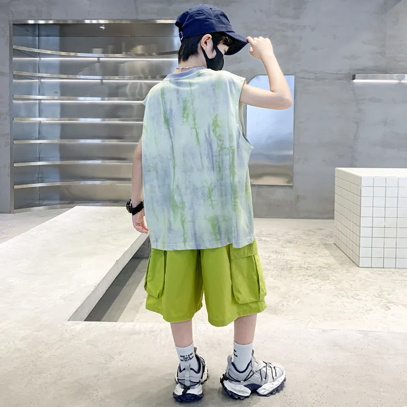 New Summer Kids Clothing Set Sleeveless T-shirt Suit with Shorts for Boy Luxurious Cotton Tracksuit 5 6 7 8 9 10 11 12 13 14 T