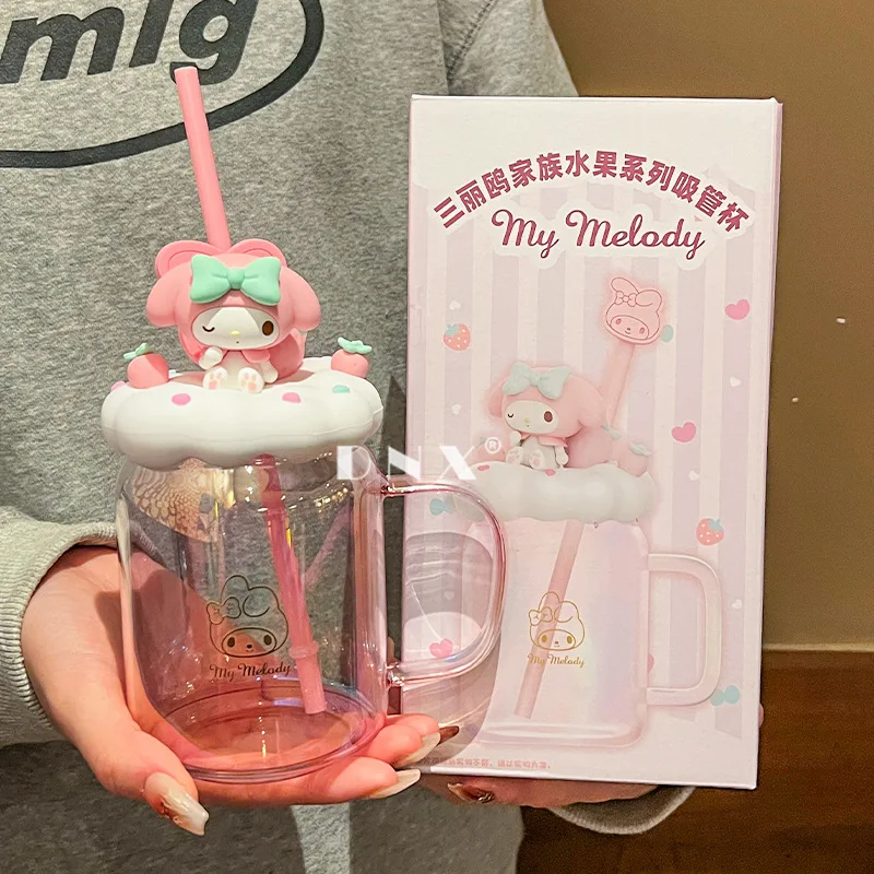 Anime Sanrio My Melody Kuromi Kawaii Doll Straw Cup Girl Handle Portable Glass Cup Cute Home Milk Coffee Cup 480ml