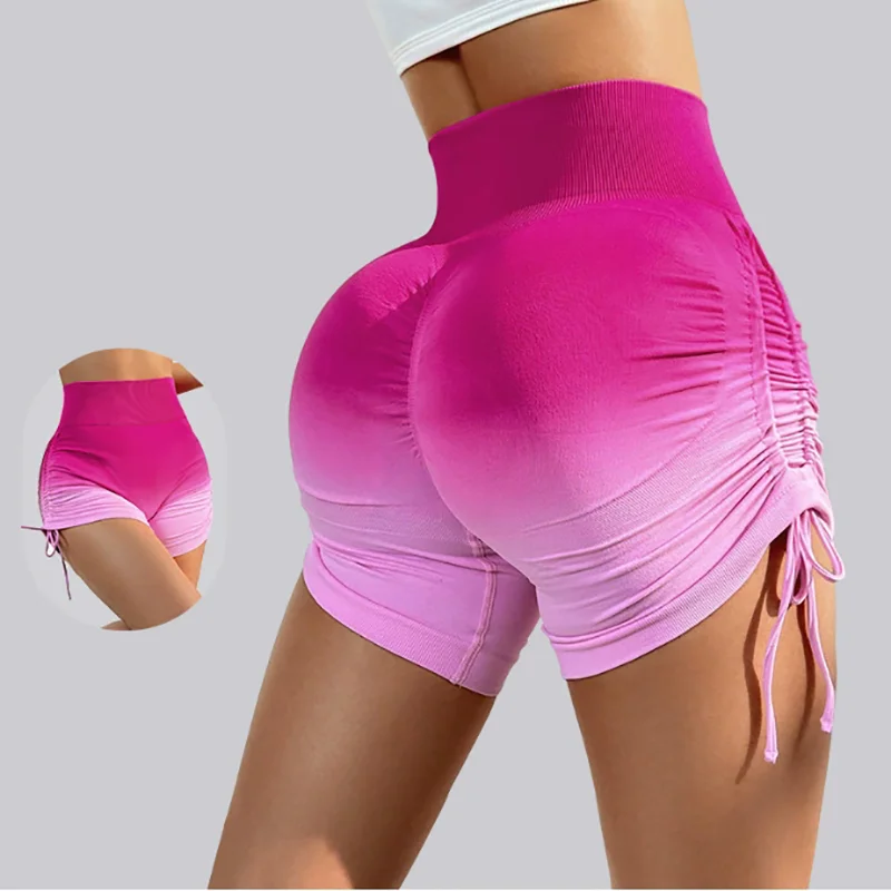 Yoga Gradient Shorts Lift Buttocks High Waist Seamless No Embarrassing Lines Drawstring Tight-Fitting Fitness Three-Inch Pants w