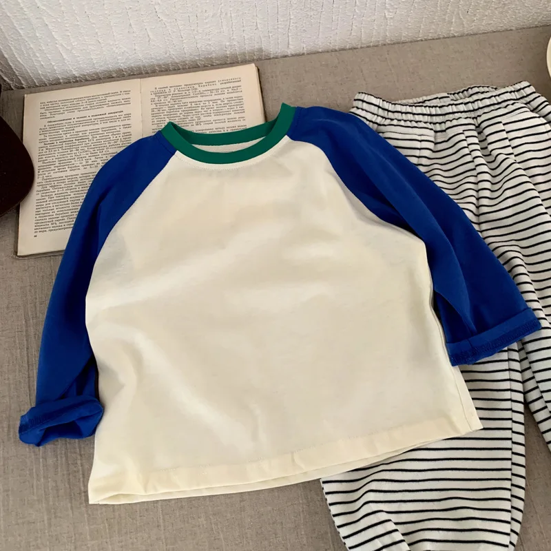 

Футболка для мальчиков и девочек, осень-весна 2024, модные повседневные лоскутные топы с круглым вырезом и длинными рукавами, базовый слой