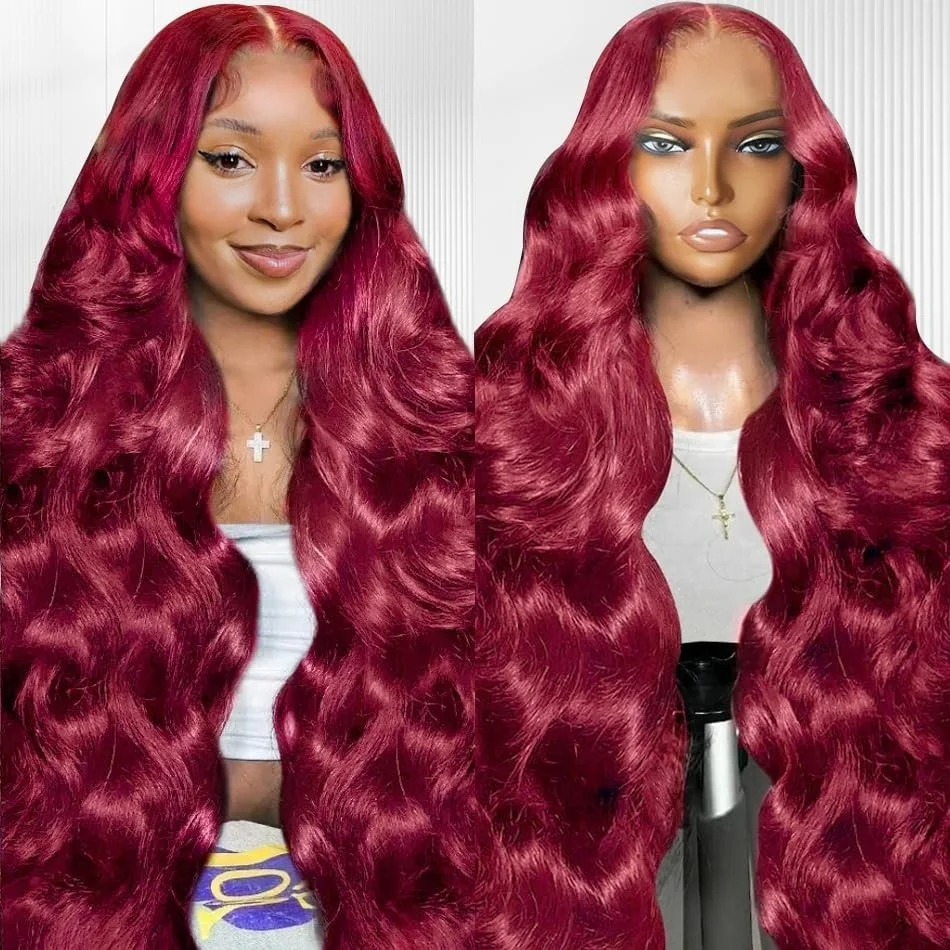 

13×4 Body Wave Lace Front Wigs Human Hair Burgundy Pre Plucked 220 Density Transparent Red Color Lace Frontal Wig For Women 99J