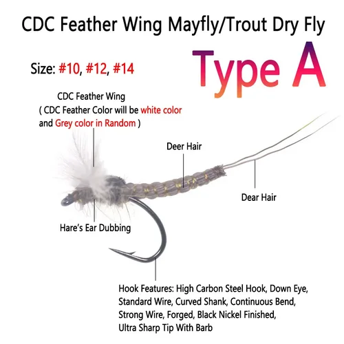 Imagen 2 del producto 8 Uds CDC ala de plumas mayfly mosca seca Grizzly sillín Hackle mayfly flotante mosca seca Rocky River trucha pesca moscas cebo señuelo