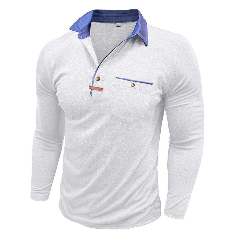 Langarm-Poloshirt für Herren, lässig, schmale Passform, Henley-Kragen, T-Shirt mit Tasche, Smart Blend Tops – Detail 31