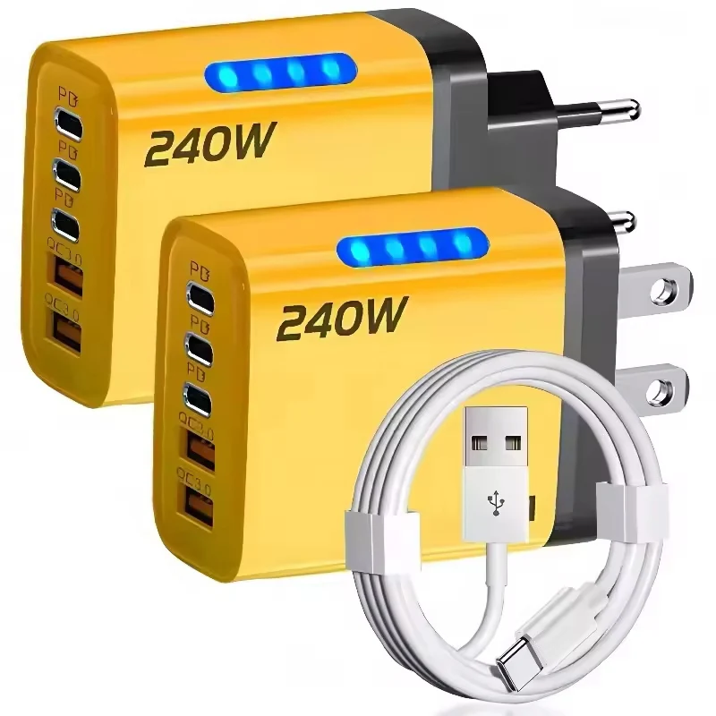 

240W GaN Desktop Charger 5 in 1 Multi-Port Fast Charging Adapter with Type C Cable for iPhone Samsung Xiaomi Tablet EU/US/UK