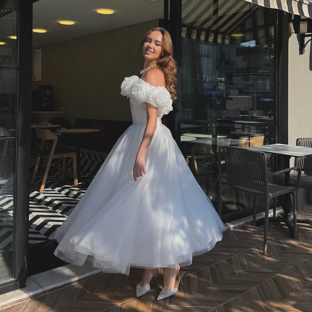

Customized Off the Shoulder Tulle Draped Evening Dress Flower Appliques Sleeveless Party Dress A-line Ankle Length Prom Gown