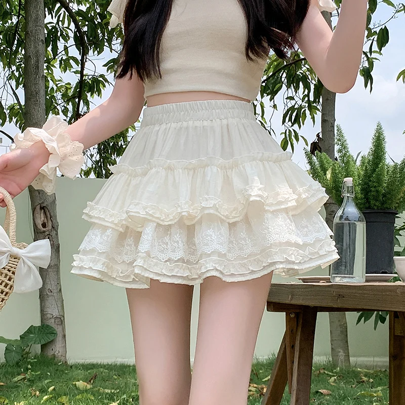 Falda corta de encaje estilo Ballet para mujer, falda acampanada antideslumbrante adelgazante de cintura alta, dulce y reductor de edad, de verano