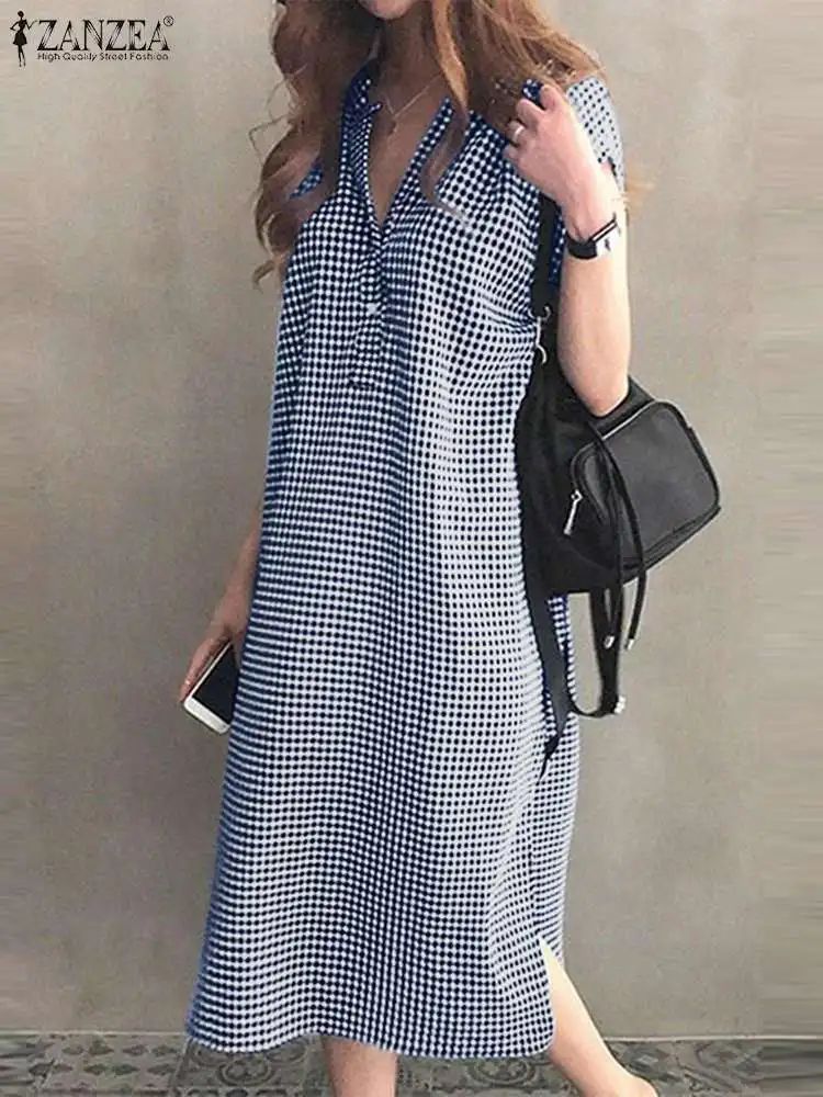 ZANZEA Summer Short Sleeve Vestidos Fashion Korean Printed Plaid Sundress Women Bow Kaftan Split Midi Dress Holiday Casual Robe