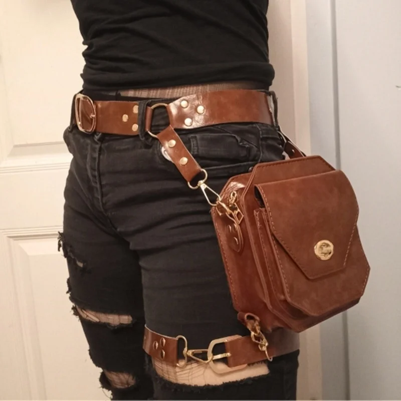 Punk Waist Storage Bag PU Leg Phone Holder Women Crossbody Cross Belt Bag Makeup Waist Pouch Medieval Hip Pack Home Organizer