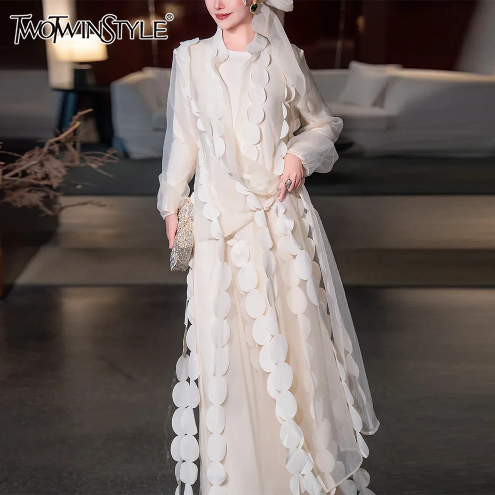 

TWOTWINSTYLE Slimming Sheer Spliced Mesh Two Piece Set for Women Stand Collar Long Sleeves Coat Temperament Dress Set Female New