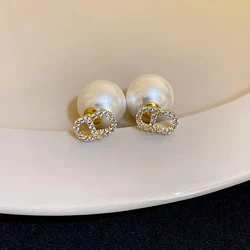 Elegant High-end Style Light Luxury Needle Stud Earrings For Women Micro Rhinestone French Letter Pearl Earrings