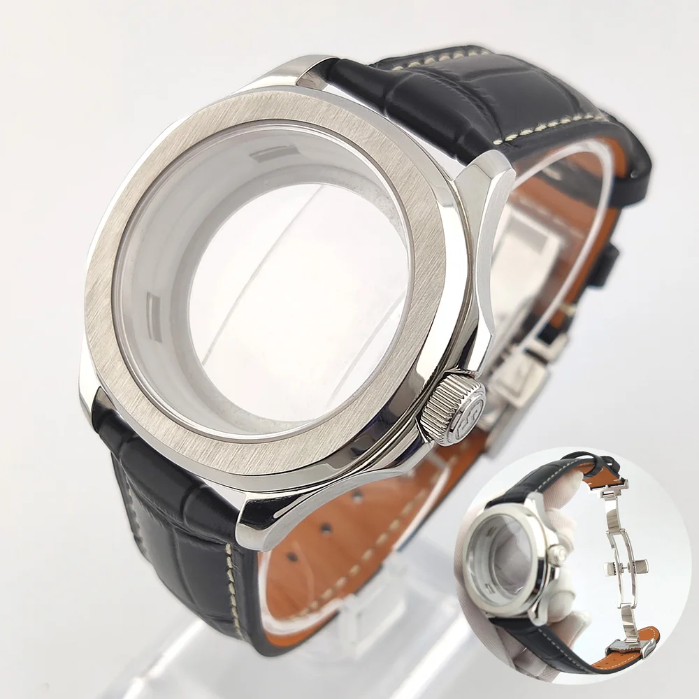 44mm NH35 Uhrengehäuse Edelstahl Saphirglas Wasserdichtes Gehäuse NH35 Gehäuse Lederarmband Uhrenteile Passend für NH35/NH36 Uhrwerk