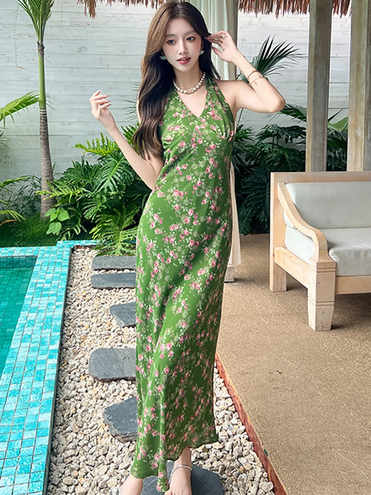 الصيف الأخضر الأزهار الشيفون عادية شاطئ نمط فستان طويل المرأة أنيقة الرقبة شنت فستان مثير 2025 الكورية Bodycon فستان الحفلات
