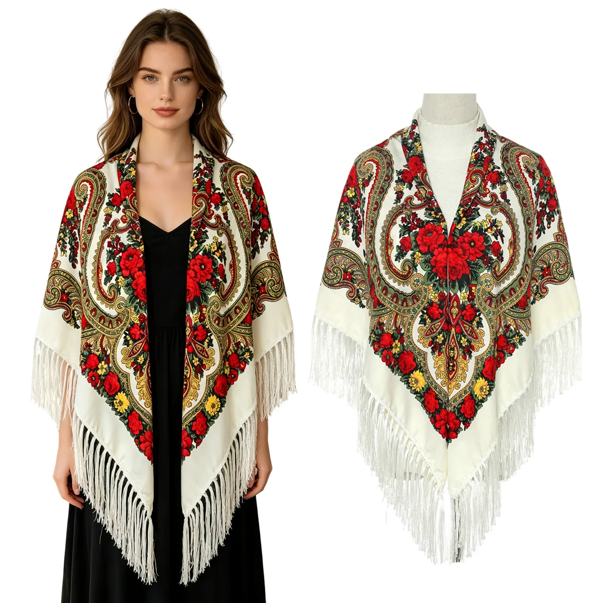130cm New Russian Square Scarf for Woman Warm Tassel Shawls Floral Print Sunscreen Handkerchief Wraps Babushka Bandana Blankets view 3