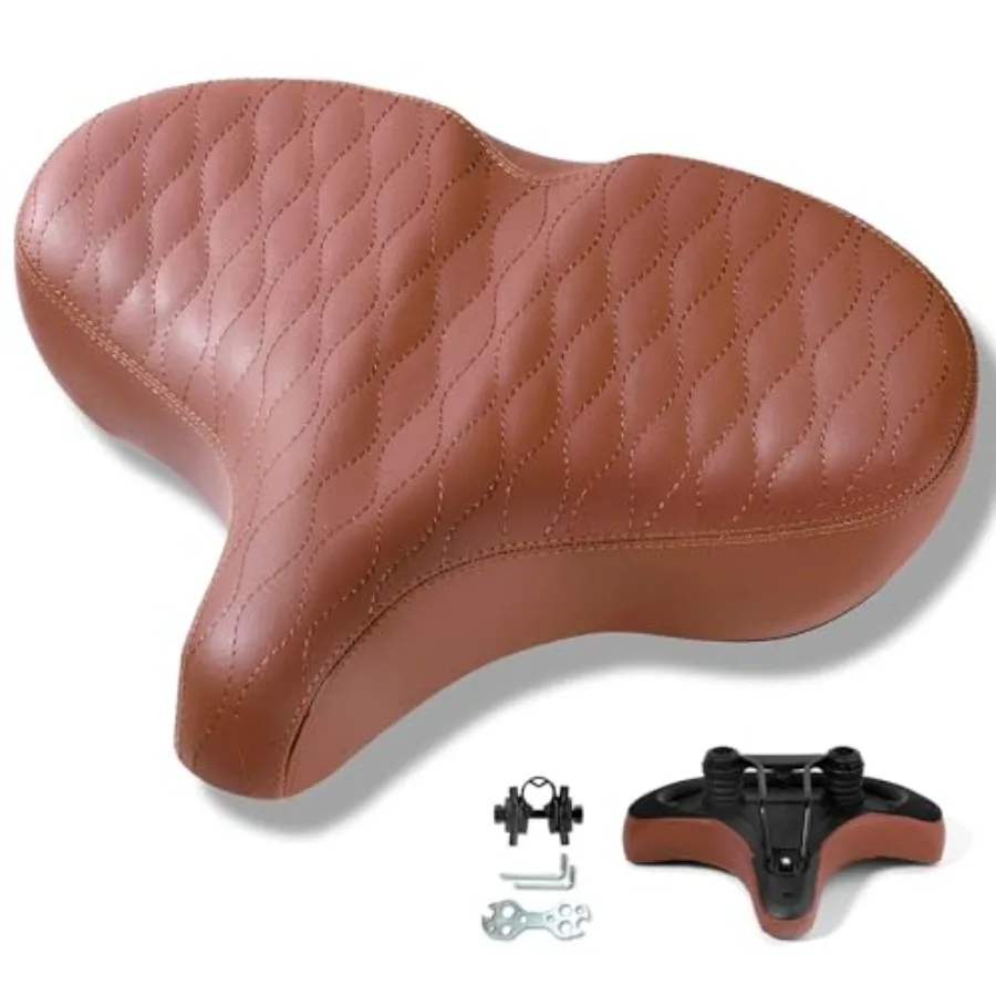 

Oversized Flat Bike Seat - Comfortable Wide Bicycle Saddle with Retro Leather Dual Shock Absorbing Springs Replacement for Crui