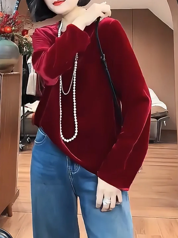 

Ele Velvet round Ne Top plus Size Versatile Slimming Faionable French Sle Women's Innerwear for All Body pes