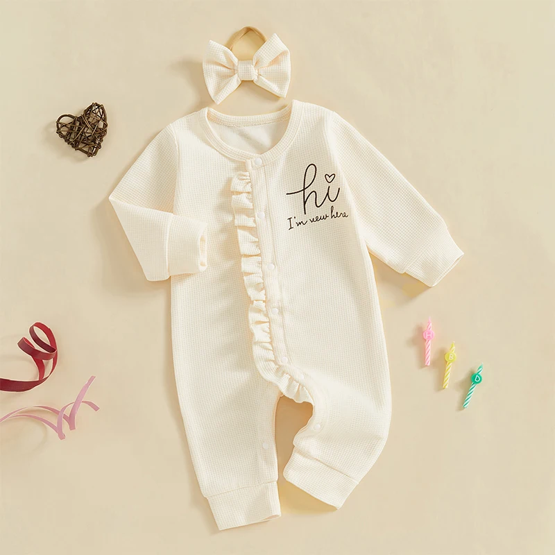 Baju monyet bayi perempuan, Jumpsuit musim gugur dengan bando pita, baju baru lahir, leher Crew lengan panjang motif huruf