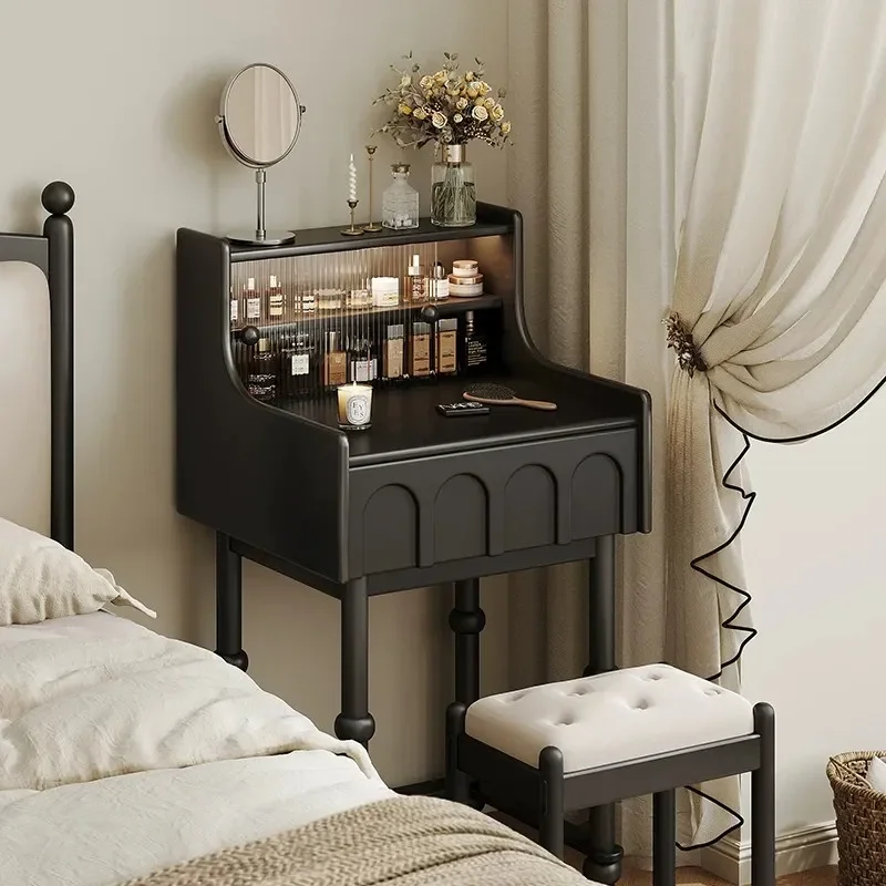 for French Antique Solid Wood Dresser Mini Retro Black Piano Makeup Table for Small Apartment Master Bedroom 60cm