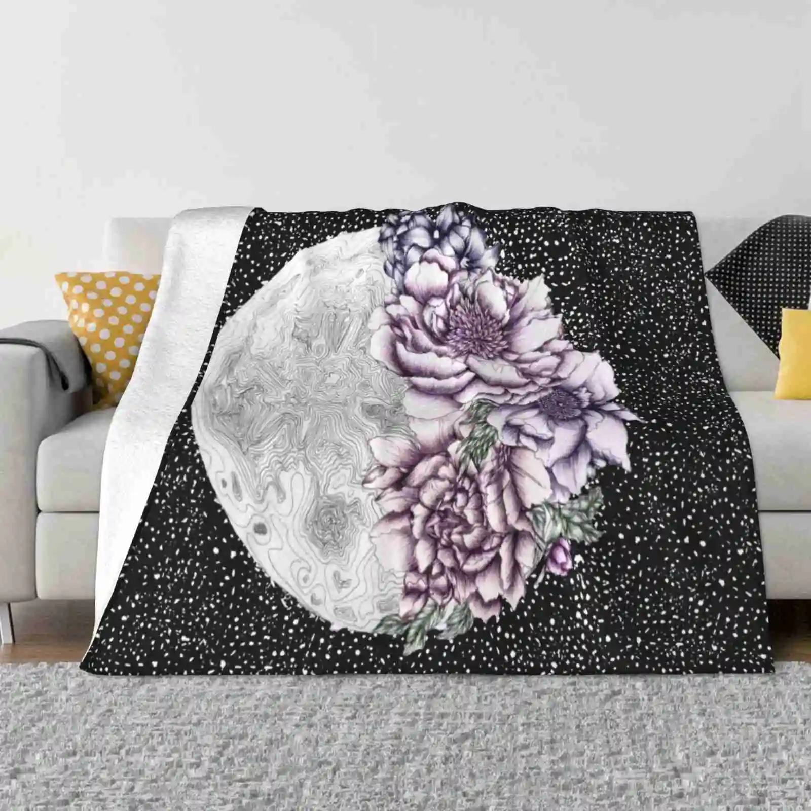 Moon Abloom Ii Creative Design Light Thin Soft Flannel Blanket Flowers Floral Starry Night Night Sky Moon Glow Pen Art