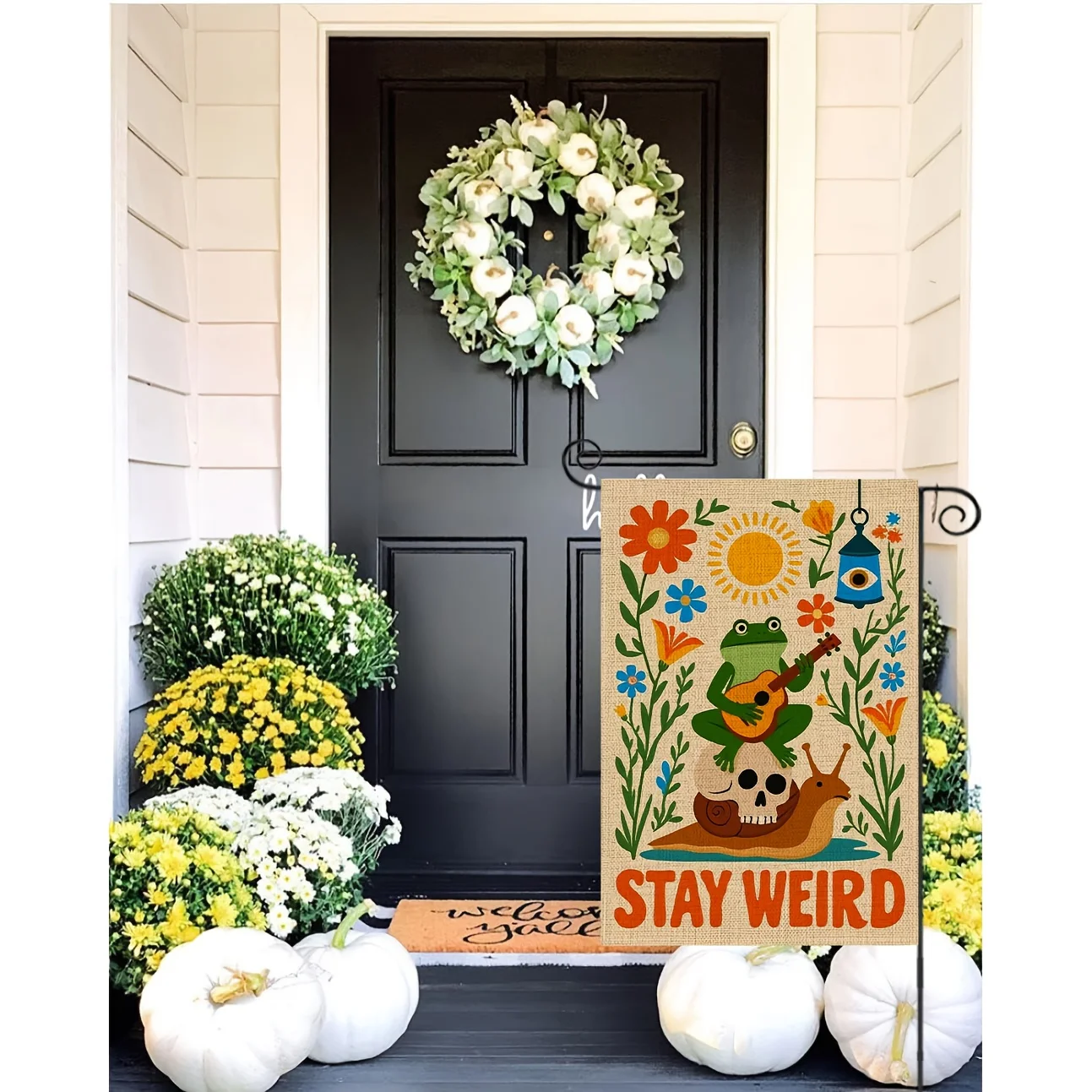 

Retro Stay Weird Double Sided Linen Frog Guitar Skull Floral Garden Flag 12x18 Inch Rustic Farmhouse Porch and Patio Home Decor