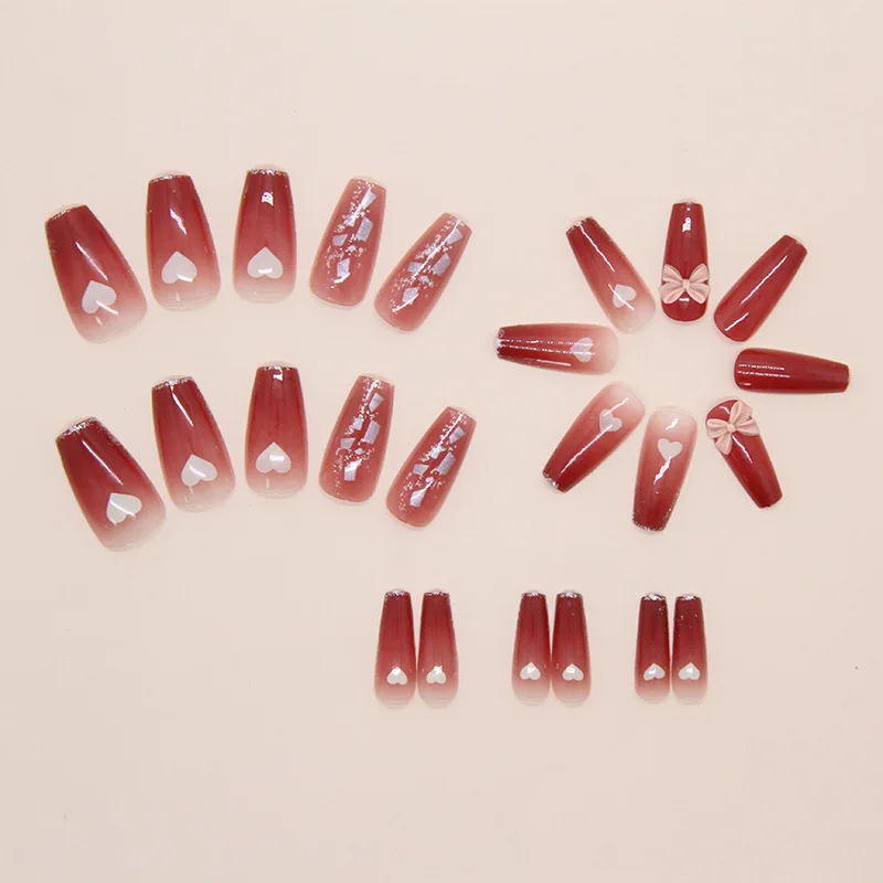 24個入り レッドグラデーションボウプレスオンネイル ハートプリント マニキュア装着可能ネイル 女性と女の子用 付け爪