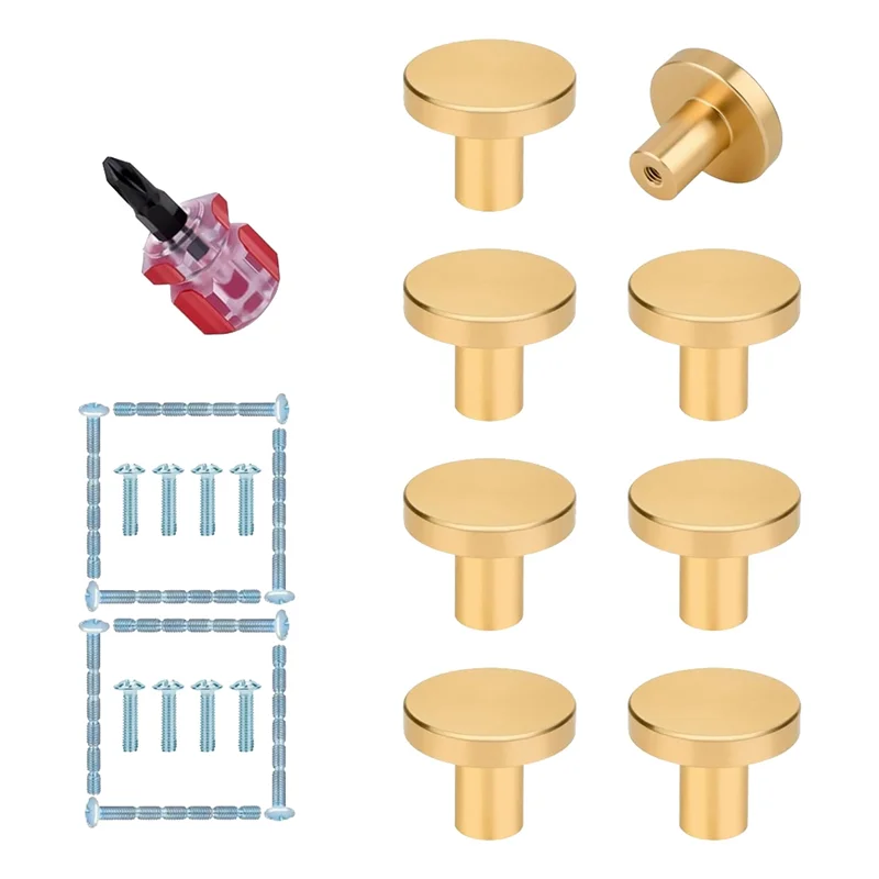 -A25M Gold Cabinet Knobs - 8Pcs Brushed Brass Round Pulls Handles For Kitchen, Dresser, Cupboard, Wardrobe, Furniture