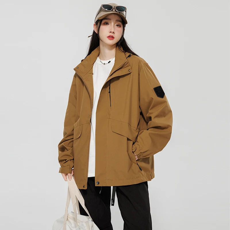 Y2K Vintage Windbreaker Jacket Women Korean Streetwear Taupe Hooded Outerwear Jackets Oversized Hip Hop Techwear Pink Coat Women