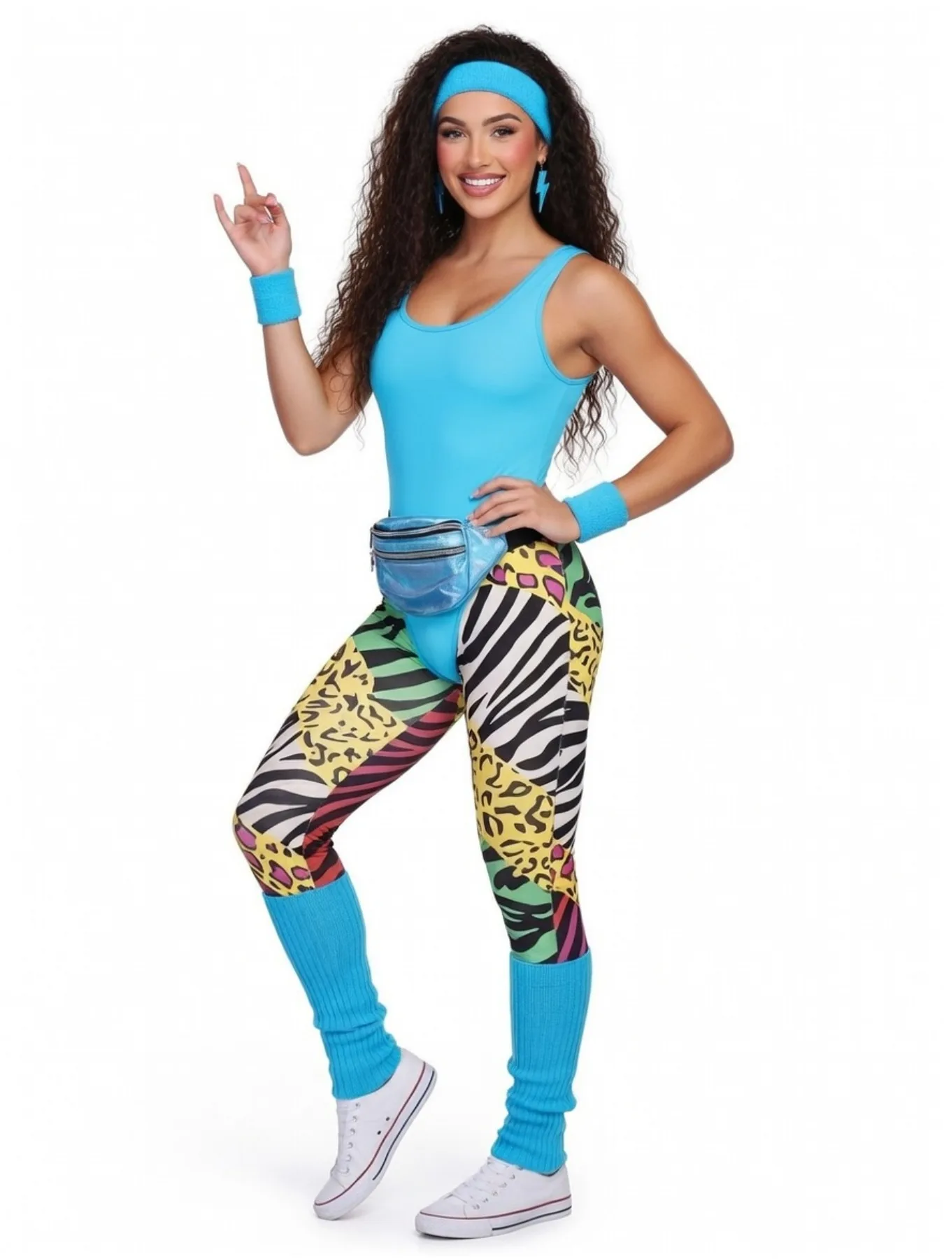 80s Neon Workout Costume Set - Animal Print Leggings + Bright Leotard with Headband, Wristbands, Leg Warmers & Fanny Pack view 4
