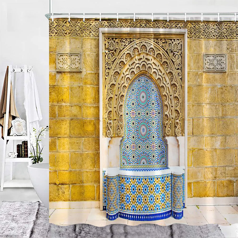 

Moroccan Shower Curtains Typical Moroccan Tiled Fountain European Vintage Architecture Fabric Decor for Bathtub Bath Curtains