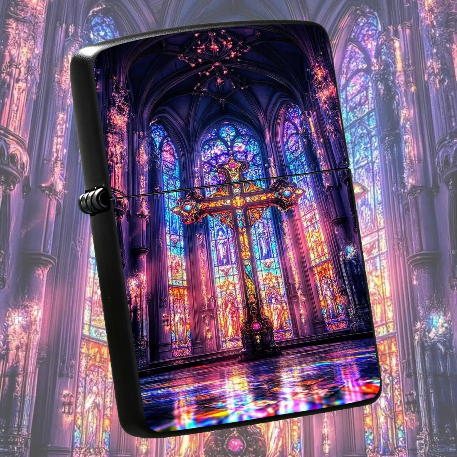 Gothic Gorgeous Church Colorful Light Cross Decorative Lighter, Aesthetic Art Printed Portable Accessory, Exquisite Gift For And Commemoration, Suitable For All Daily Scenes, Unique Dreamy Light Personalized Practical Carry-On Item A Humoro