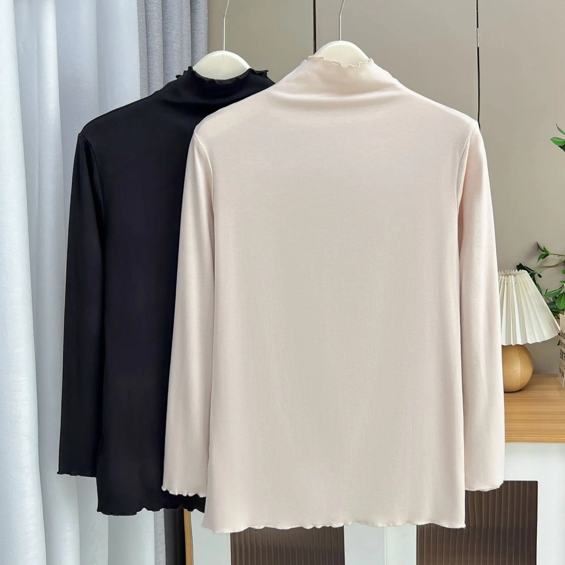 Dames Modale Ruches Kraag Met Lange Mouwen, Basic T-Shirts, Plus Size Tops, Herfst, Nieuw