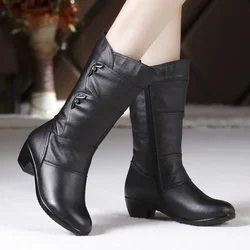 Fashion Middle Boots Winter Women's Korean Style Low Heel Solid Color Fleece Warm Plus Size Outdoor Anti-Skid Boots