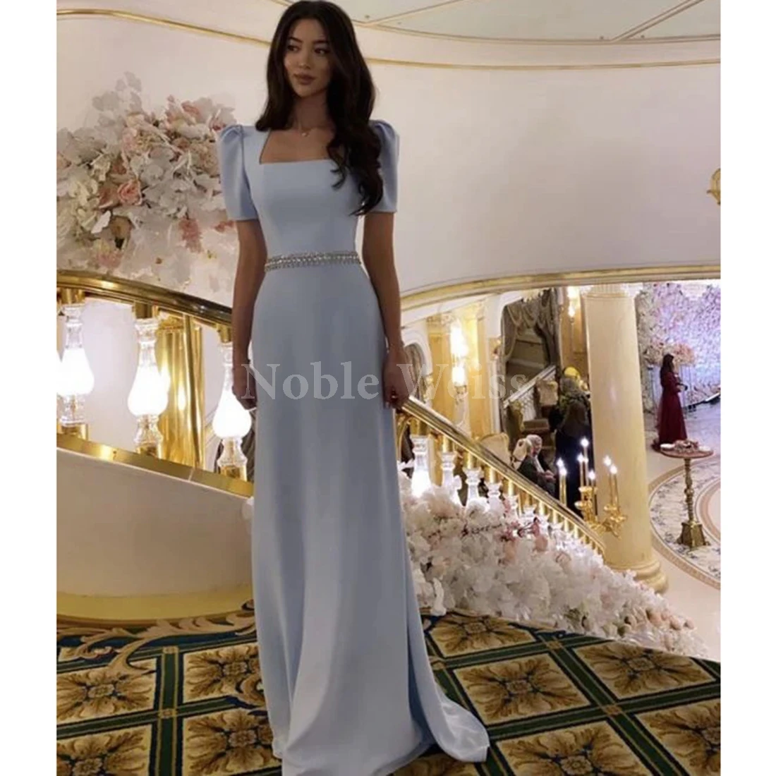 Square Collar Satin Evening Dresses Mermaid Party Prom Dresses with Short Sleeves Customize