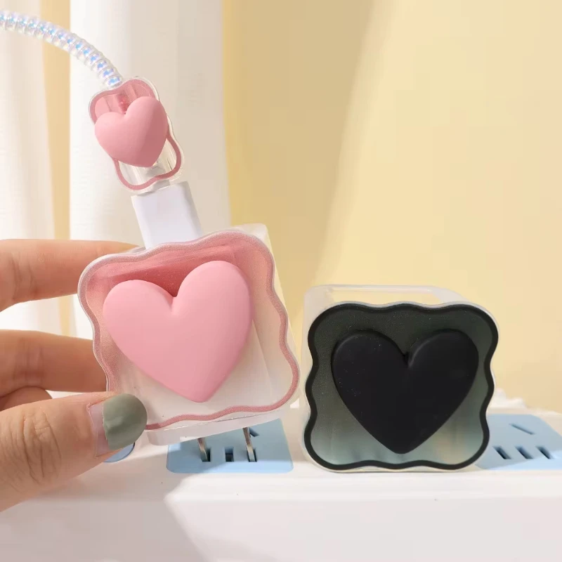 4 in 1 Silicone Charger Protector Cable Organiser For iPhone 18W 20W 3D Cartoon Love Heart Data Cable Management Cord Winder Kit