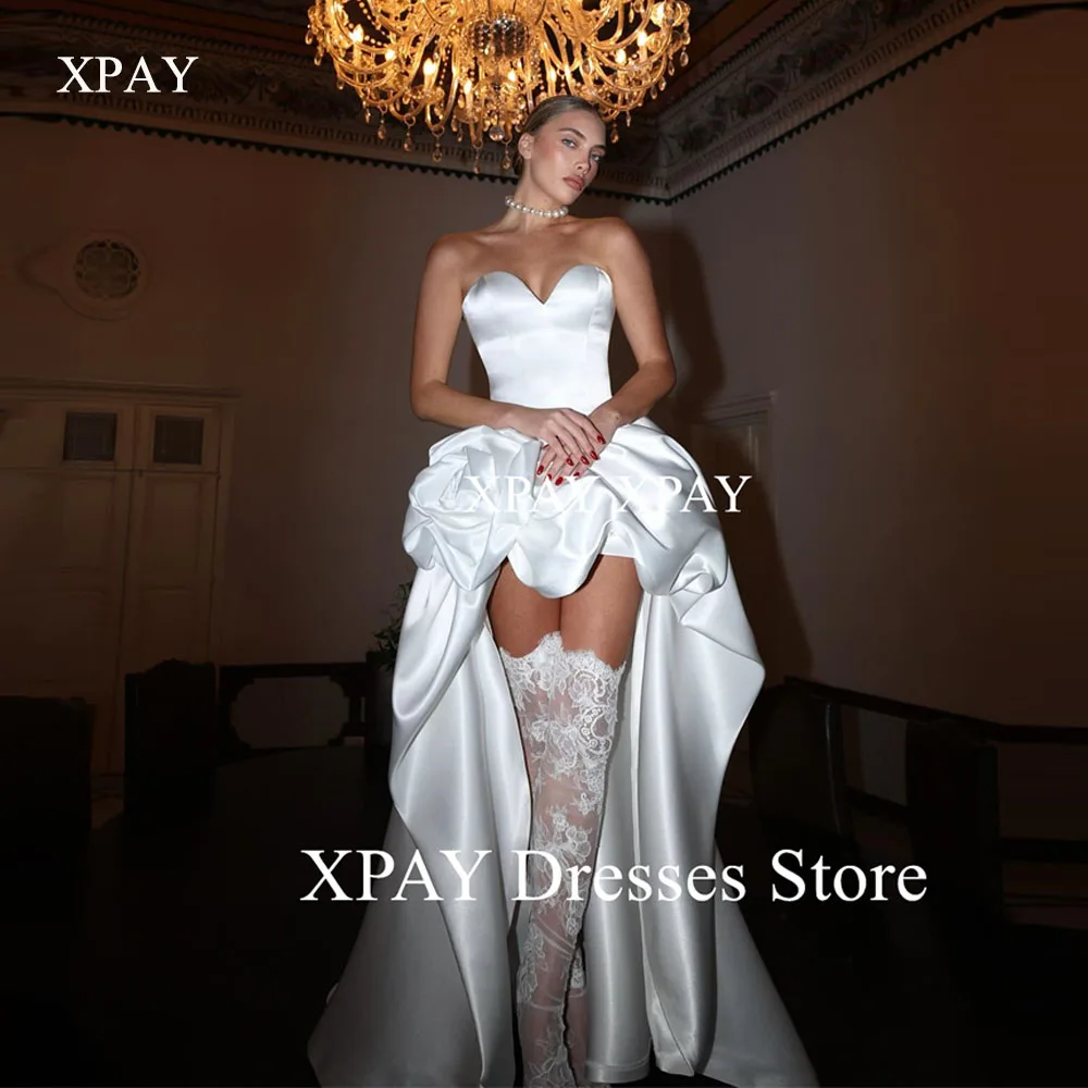 XPAY Sweetheart corto davanti lungo dietro abiti da sposa backless raso volant calzini abiti da sposa in pizzo serata formale del partito