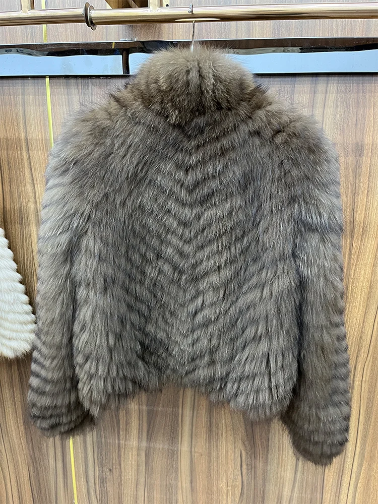 New Fashion Winter Women Real Natural Fox Fur Strip Sewed Toghter Coat Thick Warm Luxury Outerwear Jackets