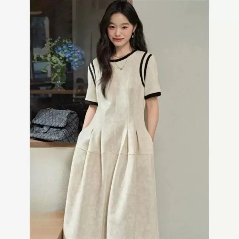 Women's Summer Short Sleeve Slim Long Dress Elegant Chic Ladies Casual Dress Retro Color Blocking Fashion Dress