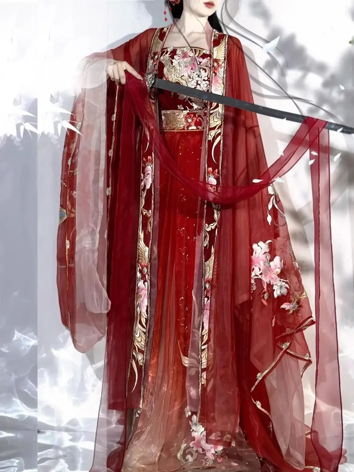 Gaun Hanfu Cina kostum Cosplay Hanfu bordir merah pernikahan tradisional kuno Dinasti Tang pakaian pesta