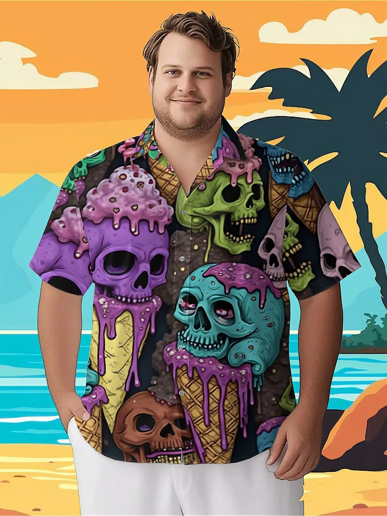 Men's Plus Size Hawaiian Shirts Fantasy Ice Cream Skull pattern, Button Up Shirts, Unisex Casual Clothing, Summer Tops