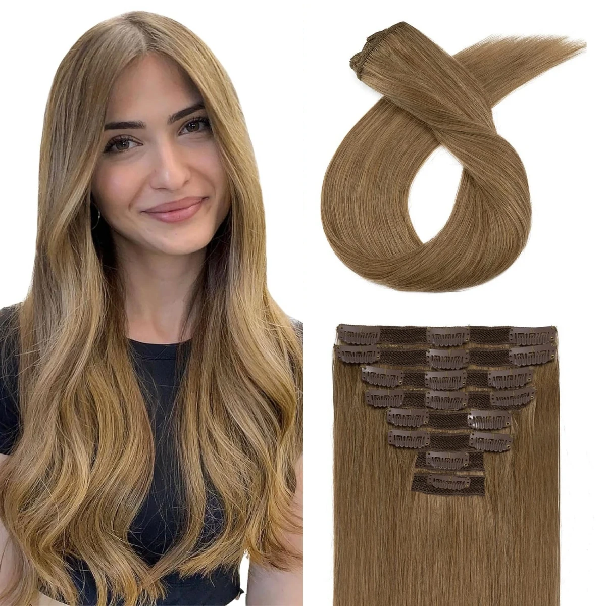 Extensões de cabelo brasileiras retas para mulheres, cabelo humano, grampo de cabelo, cabeça cheia, castanho claro, #6, 120g, 8 PCs/Set, 8 PCs/Set