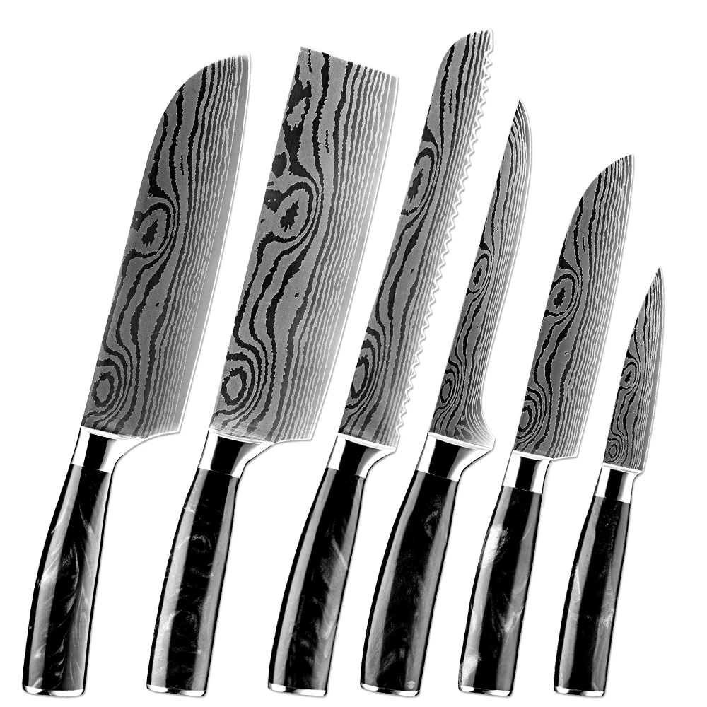 XITUO 1-6-teiliges Japanisches Messerset mit Schwarzem Kunstharzgriff und Laser-Damaszener-Muster - Brotmesser, Santoku-Messer, Schälmesser