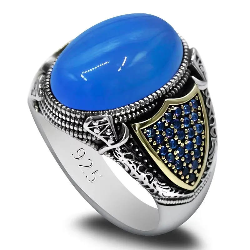 

S925 Sterling Silver Ring Handmade Jewelry Festival Natural Blue Agate Vintage Fashion Festival Party Türkiye Luxury Jewelry
